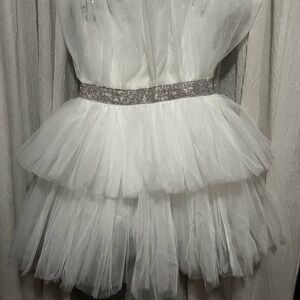 MARBLE White Tulle Kids Dress with Glittering Silver Belt